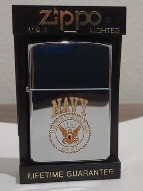 VINTAGE 90s ZIPPO US NAVY CHROME & GOLD LIGHTER UNFIRED (NOS)